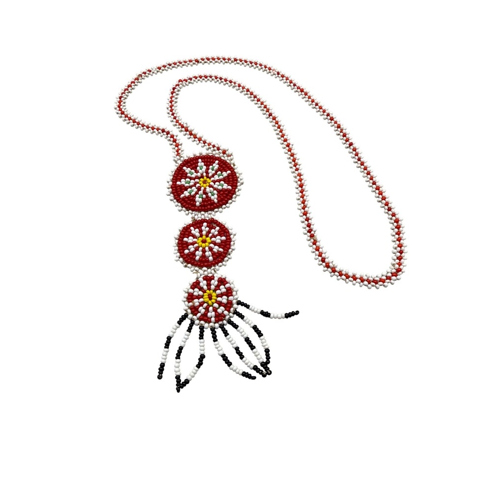 Vintage Mid Century Native American Seed Bead Medallion Fringe‎ Necklace
